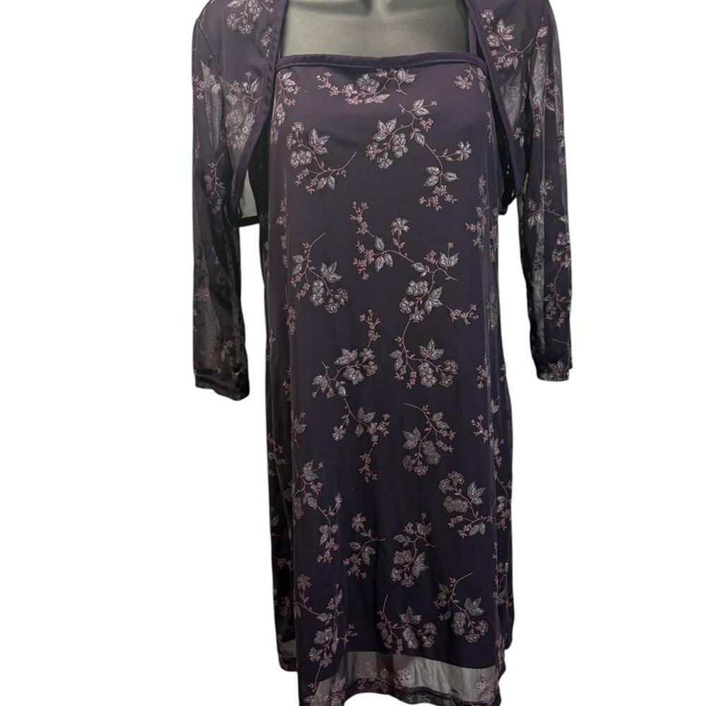 Y.K. Clothing Purple Floral Print Mesh Slip Dress lined Matching Cardigan Y2K